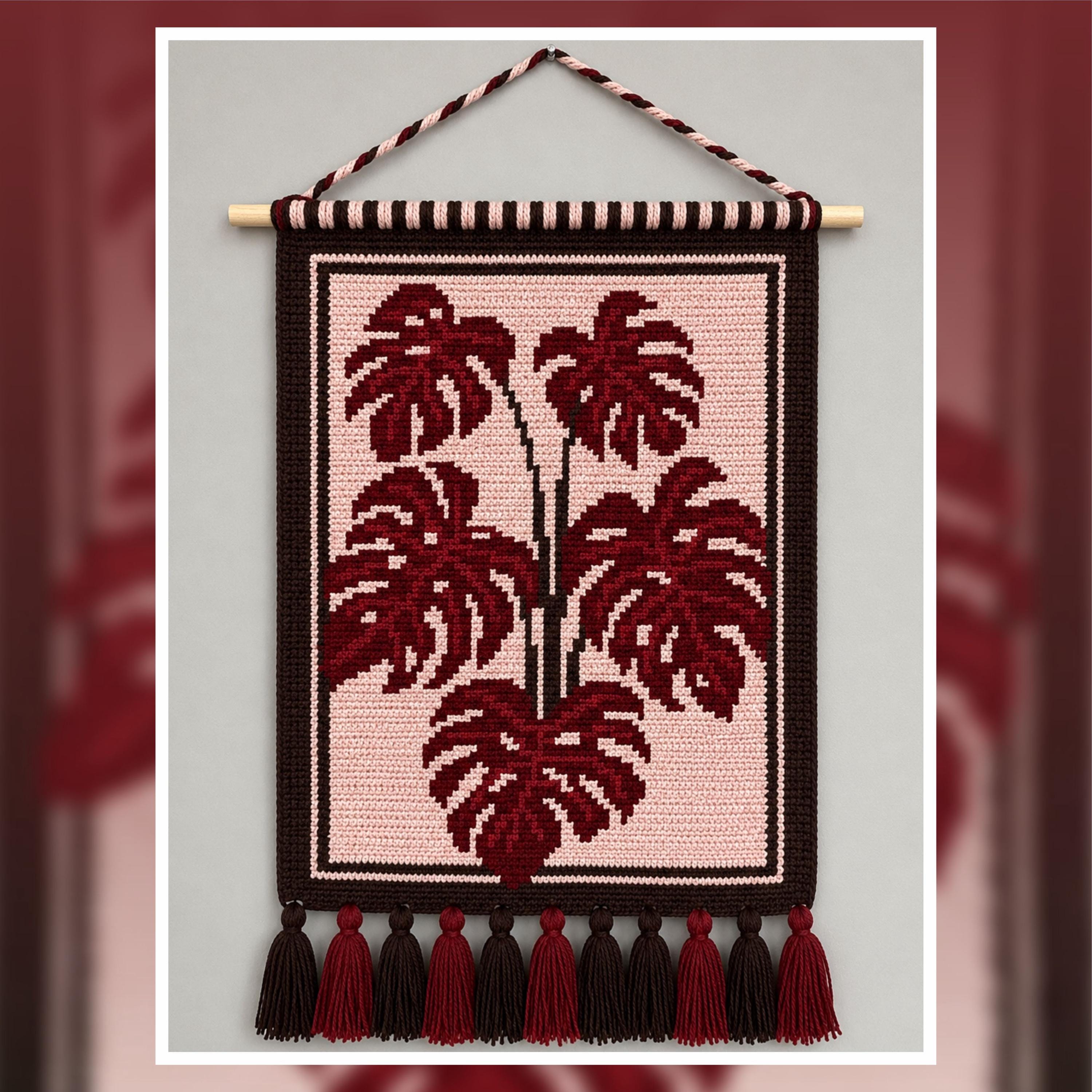Red Monstera Crochet Tapestry Pattern: Bold Botanical Wall Art (90x120 Stitches PDF)