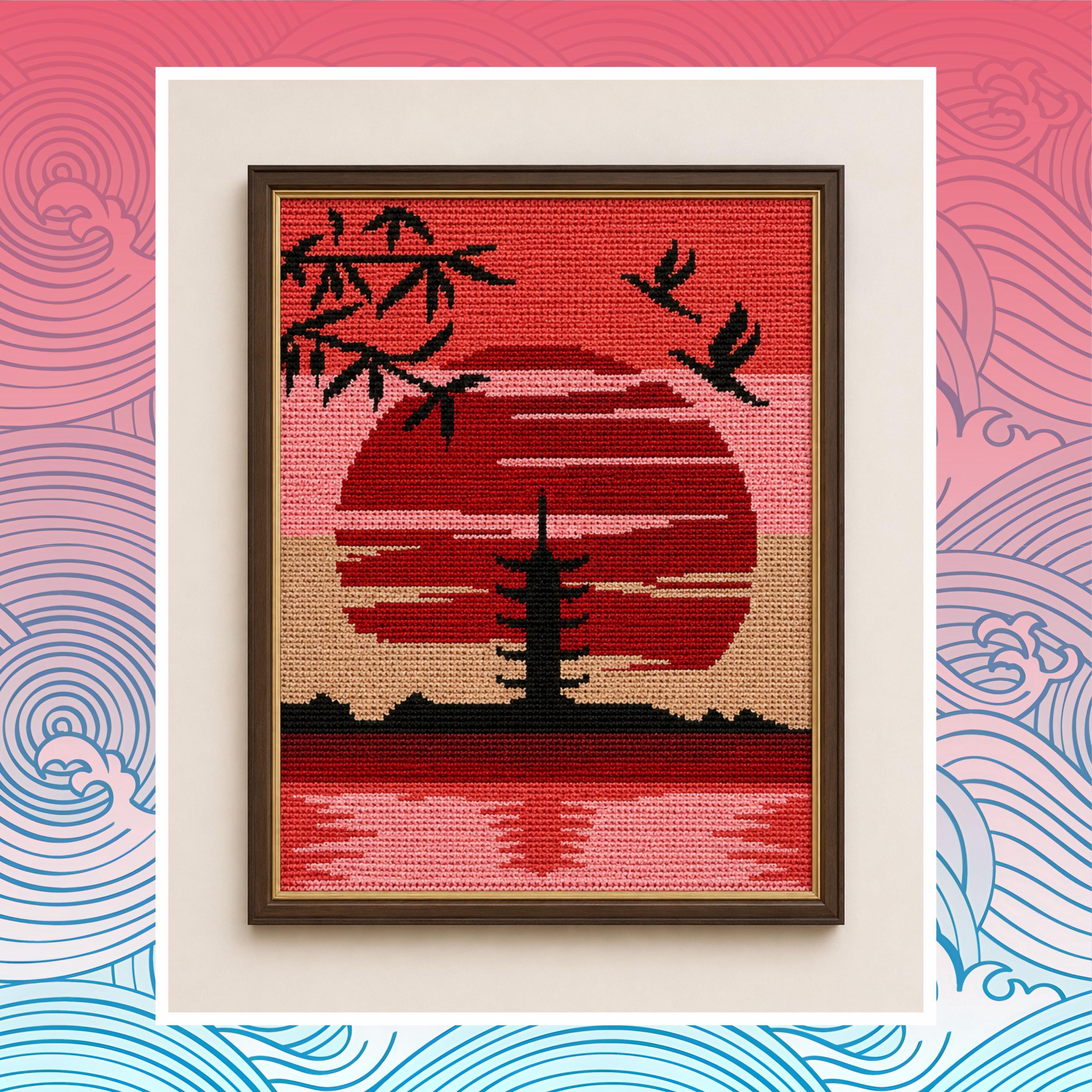 Japan Temple Tapestry Crochet Pattern: Full Moon Wall Hanging (PDF Download 120x160 Stitches)