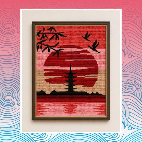 Japan Temple Tapestry Crochet Pattern: Full Moon Wall Hanging (PDF Download 120x160 Stitches)