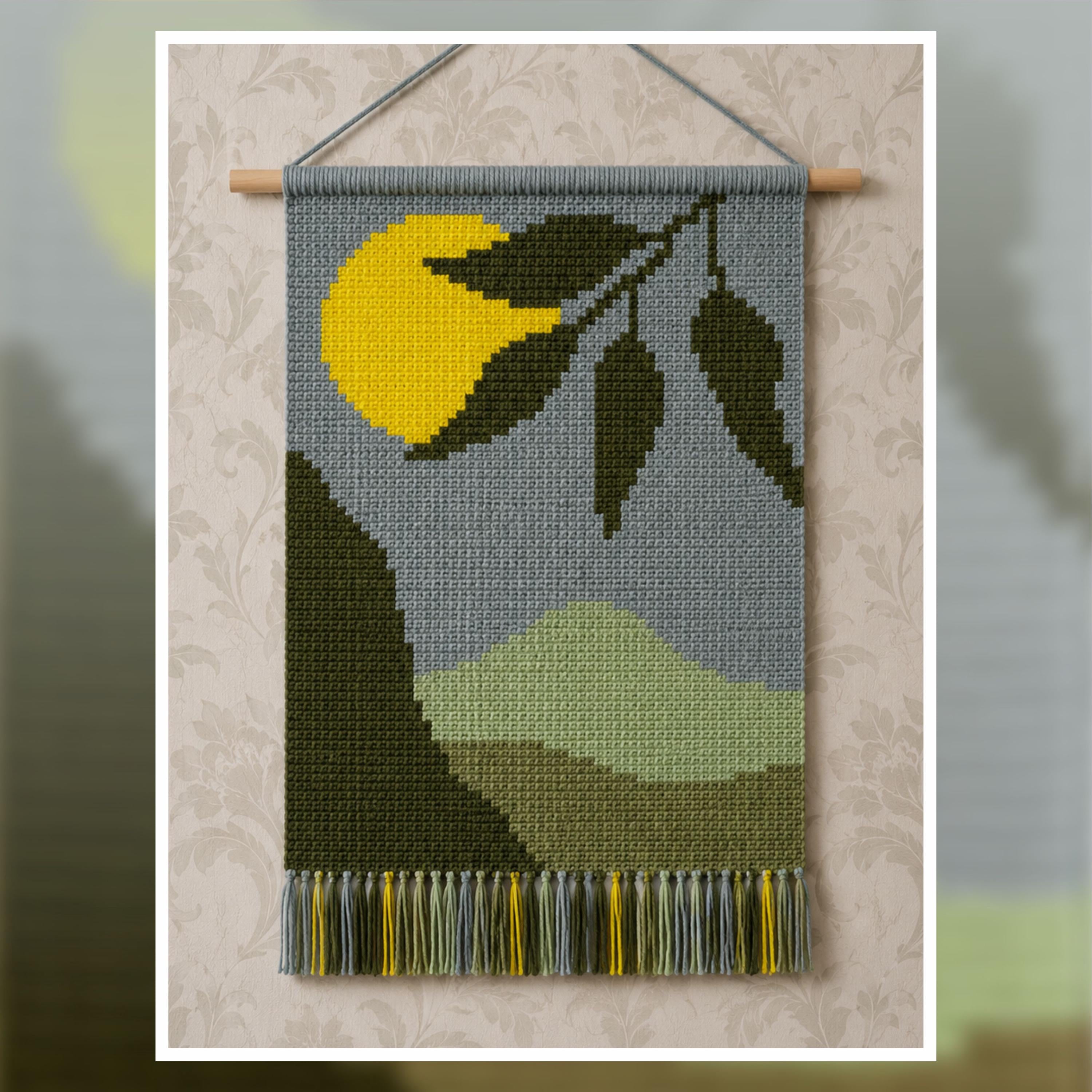 Moonlit Landscape Tapestry Crochet Pattern 60x90 PDF | Nature Wall Hanging with Mountains and Leaves